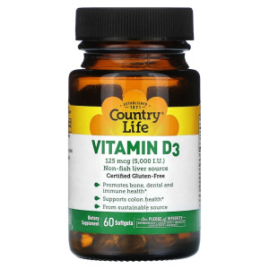 Country Life,Vitamin D3, 125 мг, 5000, 60 капс (60 порций)
